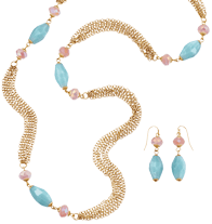 Pastel Blue and Pink Long Necklace and Drop Earring Gift Set